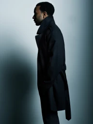 John Legend standing in profile wearing a high-collared black trench coat against a cool blue-grey studio background.