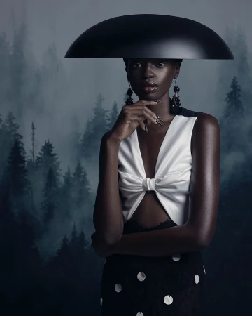 Striking portrait of an African American woman wearing formal attire and statement earrings against a moody forest backdrop.