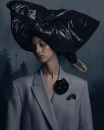 Model wearing a grey blazer and an oversized black plastic bag headpiece against a misty forest background.
