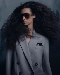 Model with voluminous dark curly hair wearing tinted sunglasses and a grey double breasted blazer against a moody forest background