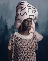 Black woman wearing a large printed pink silk headwrap and heavily beaded dress against a misty forest background