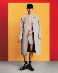 Young man in beige coat and shorts standing against a yellow and red studio backdrop for a Gucci fashion editorial