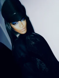 Model wearing a black cap and dark coat with vibrant blue eye makeup against a plain white wall