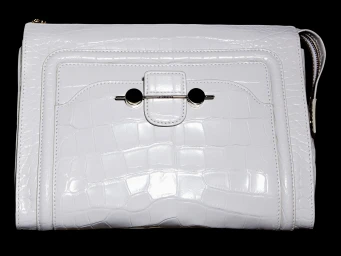 White crocodile embossed leather handbag with silver metallic bar closure isolated against a black background.