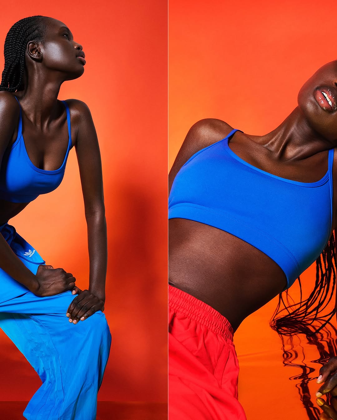 Two side-by-side studio portraits of a dark-skinned woman in a blue sports bra and blue pants on the left, and red pants on the right.