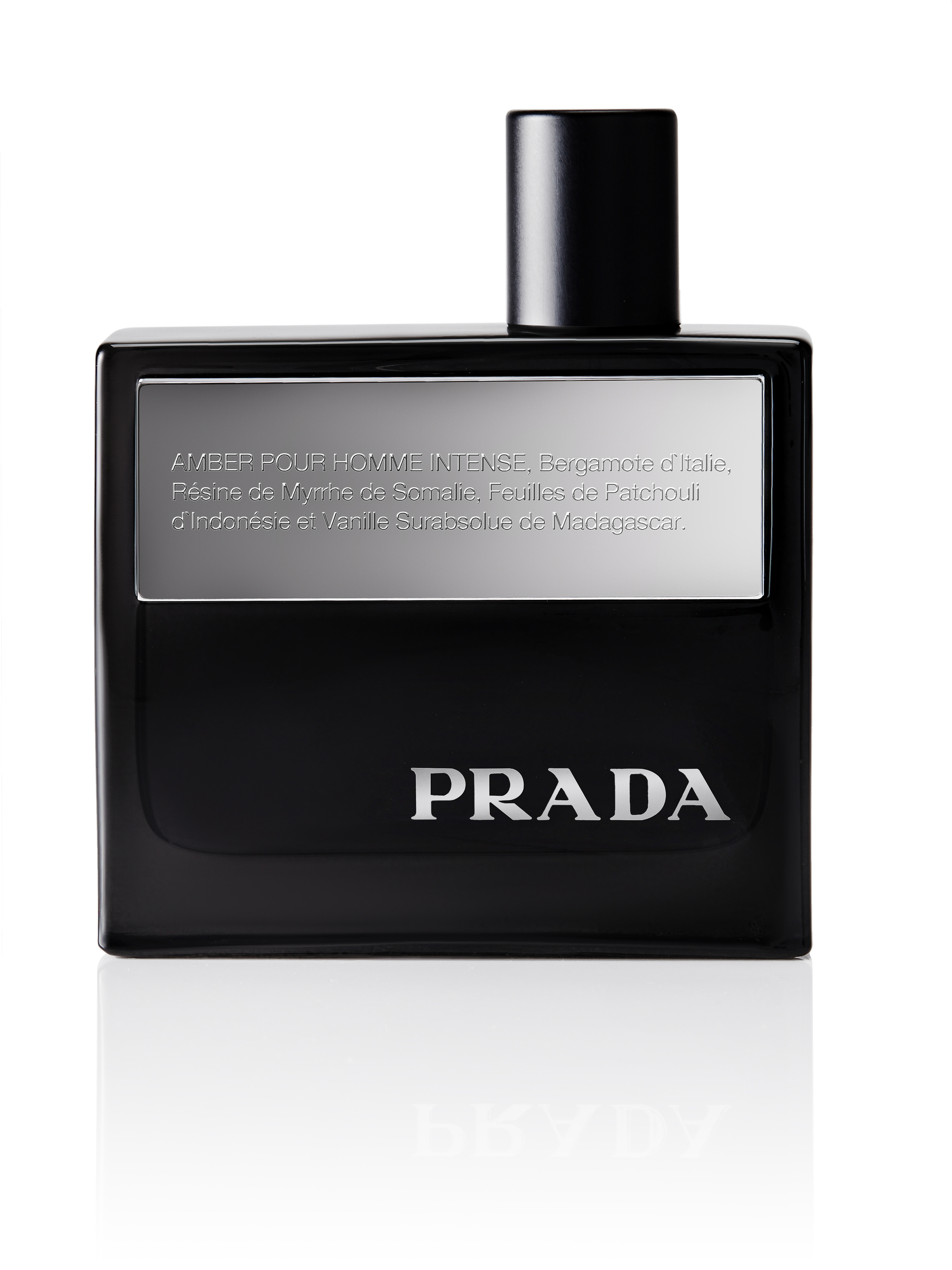 Prada Amber Pour Homme Intense fragrance bottle on a white backdrop. The sleek, dark bottle features silver branding and ingredient text.