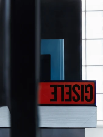 Stack of books with 'GISELE' text against bright window light, shadowed frame foreground, simple composition and bold graphic design.