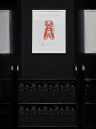 Framed red graphic print in a white frame hanging on a dark wall above a black storage rack filled with organized glassware.