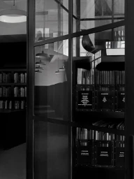 Black and white view through a black metal-framed glass partition looking onto bookshelves, archive boxes, and a bird sculpture.