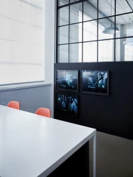 Modern office meeting room with a white conference table, orange chairs, and framed artwork against a black grid partition wall.