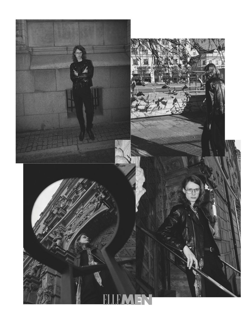 Monochrome collage features an adult with dark hair in a jacket, juxtaposed against urban architecture, creating a striking visual narrative.
