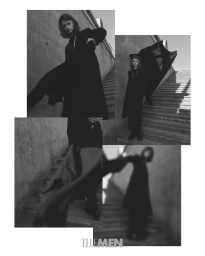 Black and white fashion photo collage of model Oskar Marklund wearing an all-black long coat on outdoor concrete stairs.