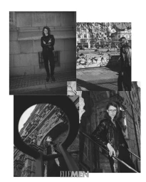 Black and white editorial collage featuring model Oskar Marklund wearing a leather jacket and glasses in architectural city settings.