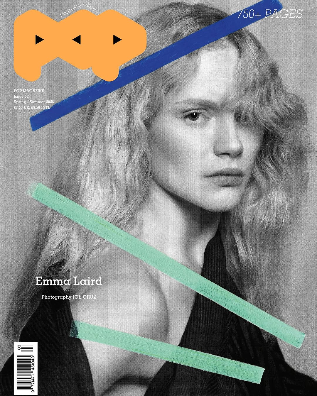 Black and white magazine cover featuring Emma Laird with an orange POP logo and graphic design elements in blue and green.