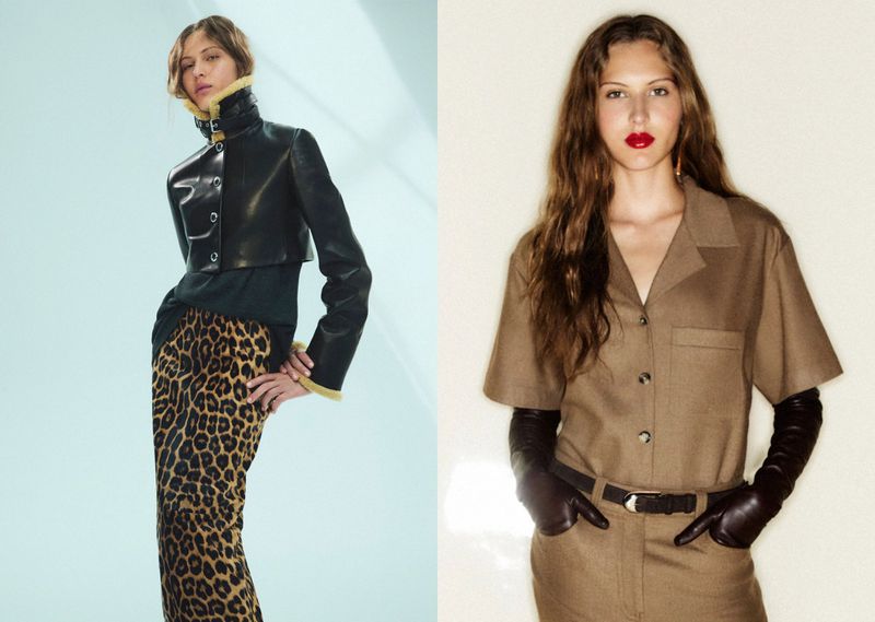 Two fashion models showcase contrasting outfits: one in a cropped leather jacket and leopard print skirt, the other in a tan jumpsuit.