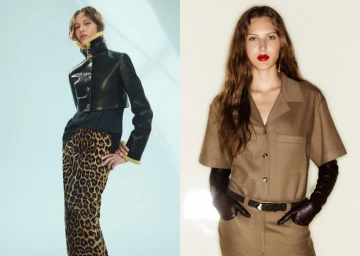 Model Angelina Kendall in Khaite F/W 2025 campaign wearing a leather jacket and leopard print skirt