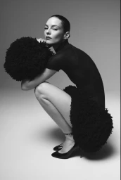 Beauïse Genç crouching in a black textured sculptural dress and patent black heels against a neutral studio backdrop.