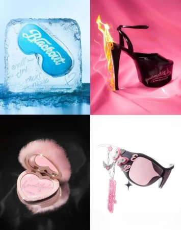 Four product beauty shots: icy blue compact, flaming stiletto, blush compact with fur trim, and bedazzled pink sunglasses.