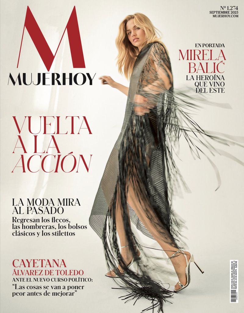 Magazine cover featuring Mirela Balić in a fringed dress and high heels, posing against a neutral background, with bold typography.
