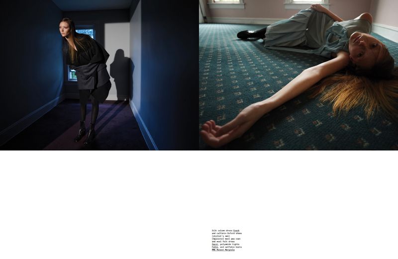 Two-part fashion editorial shows a woman in a dark hallway and another lying on a patterned blue carpet, shot with moody lighting.