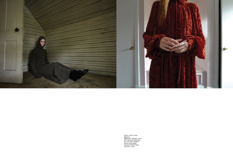 Two fashion images: one woman in grey dress seated indoors, and another woman in red velvet dress shot in a white hallway.