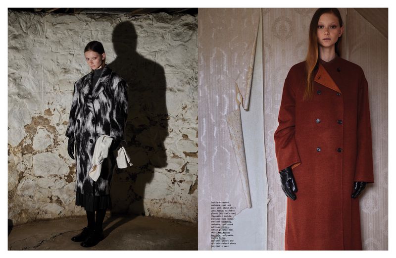 Two distinct fashion images, each featuring a model in a stylish overcoat; one is in monochrome against a stone wall, the other in brown.