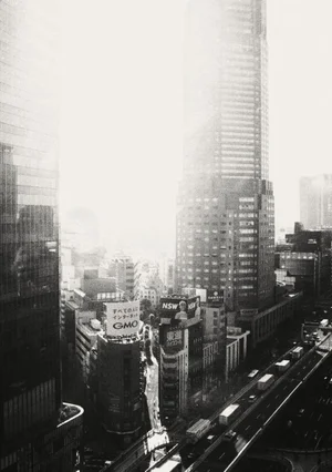High angle black and white view of Tokyo skyscrapers and urban streets with traffic under an overcast sky.