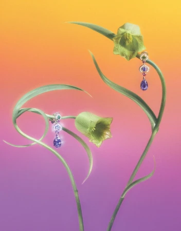 Elegant dangle earrings featuring precious stones set on a botanical stem, set against a gradient orange and violet background.