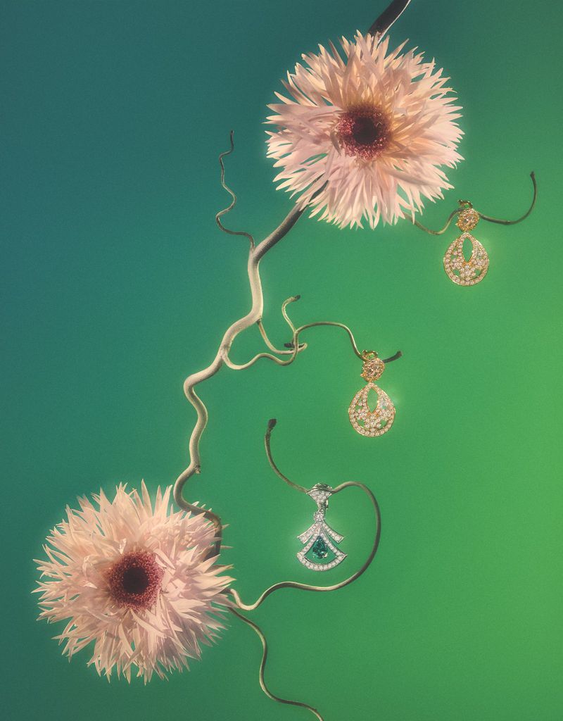 Elegant jewelry earrings displayed on a curved branch with pink gerbera flowers against a gradient green background in a studio shot.