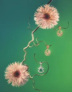 Close-up still life of pink flowers and sparkling diamond jewellery hanging on delicate curved branches against a vibrant teal and green gradient background.