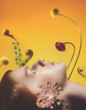 Model in profile wearing ornate diamond and gemstone earrings against a warm yellow background with botanical stems.