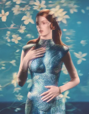 Red-haired woman in a glittering blue textured dress posing against a dreamy floral background for L'Officiel Italia.