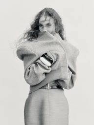 Model Gwen Weijers wearing a grey structured jacket and skirt holding bangles for The Greatest Magazine editorial