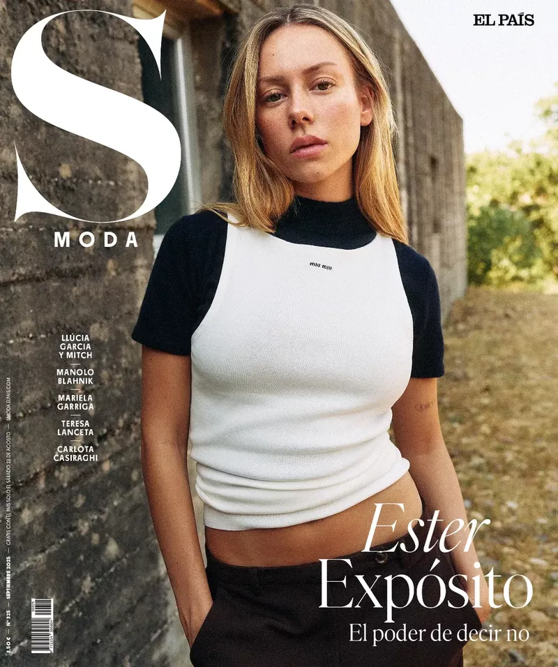 Ester Exposito magazine cover shot outdoors. Woman in white top, El Pais logo, building, trees, and text visible in the fashion editorial.