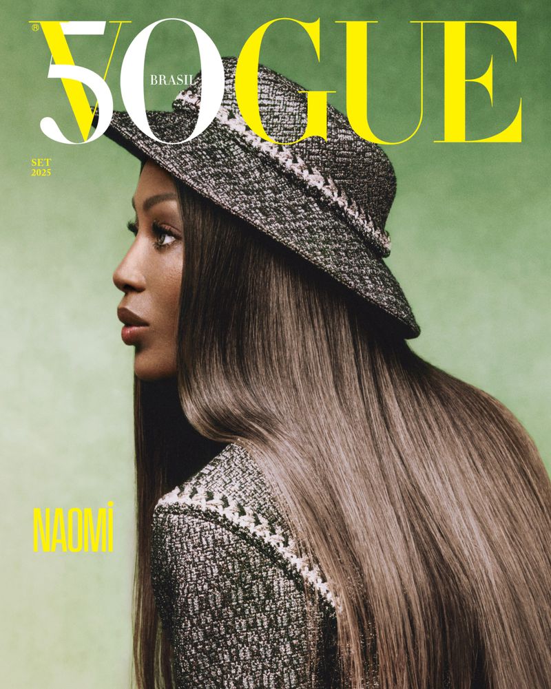 Vogue Brasil magazine cover featuring Naomi Campbell wearing a textured bucket hat and jacket, set against a soft green background.