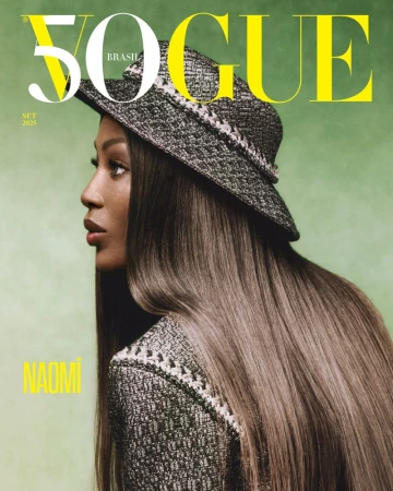 Vogue Brasil magazine cover featuring Naomi Campbell wearing a textured bucket hat and jacket, set against a soft green background.