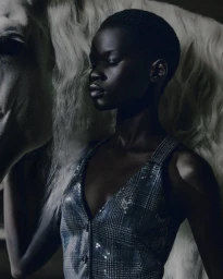 Mary Ukech wearing a sequined plaid vest poses beside a white horse with a flowing mane in low-key lighting.