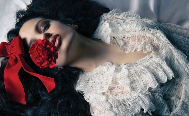 Rosalía reclined on satin fabric wearing a white ruffled lace dress with a red carnation over her cheek and a red ribbon in her hair.