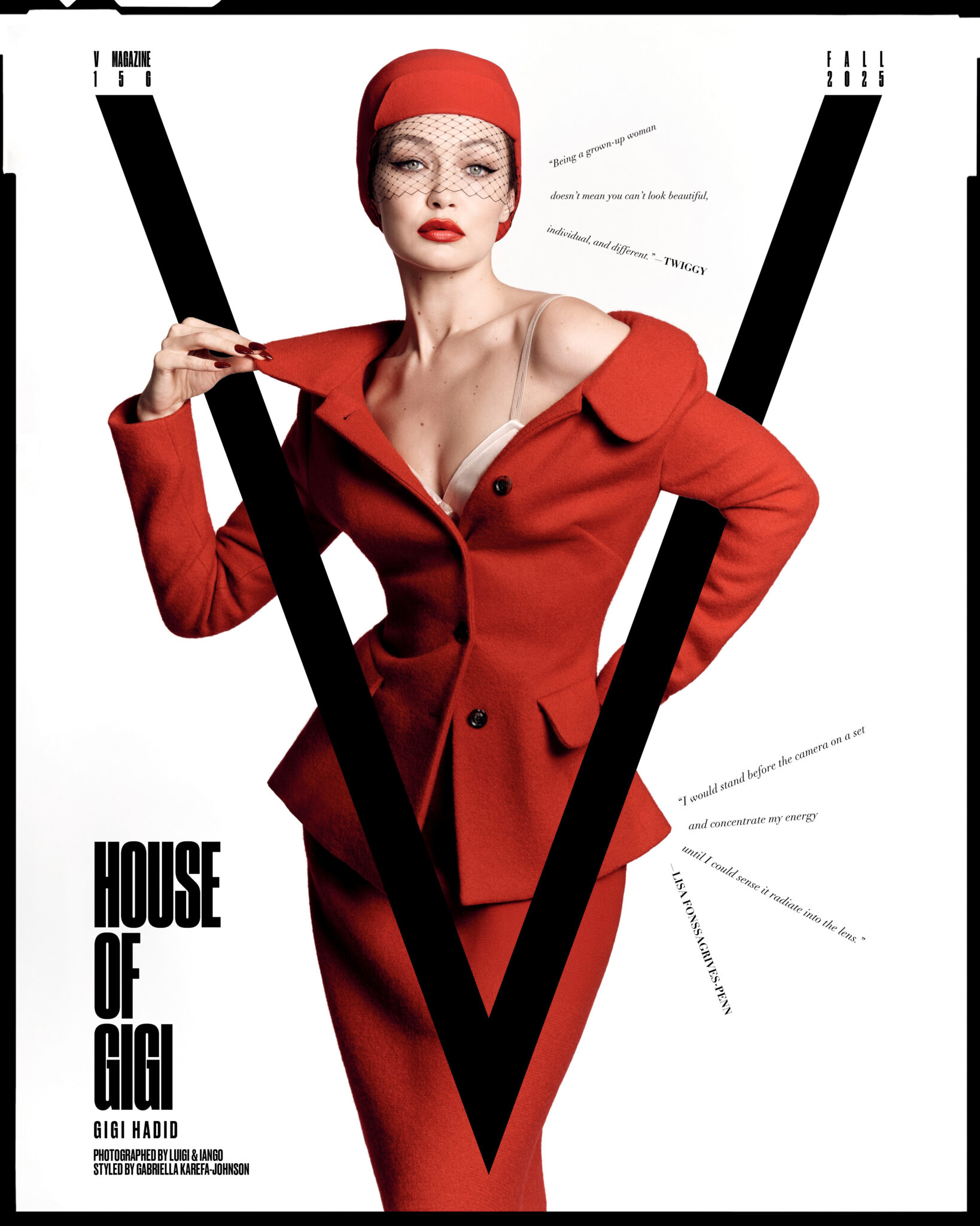 Fashion editorial shot of Gigi Hadid in a red skirt suit with a matching head covering, posing against a white backdrop with black graphic elements.