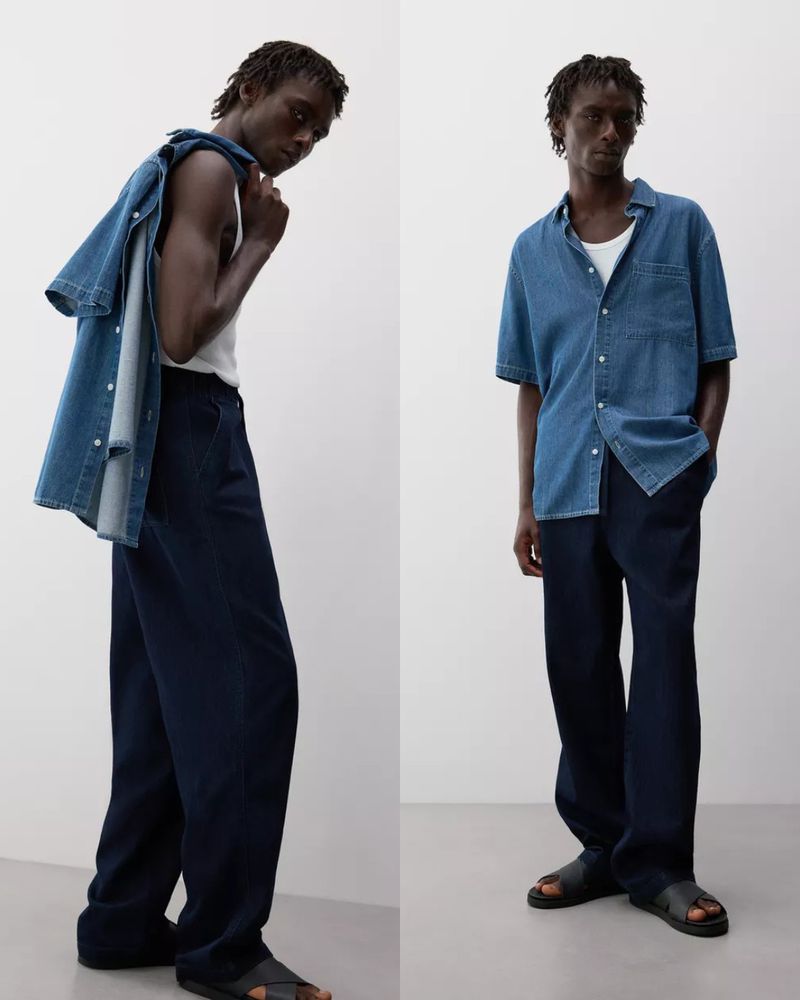 Two split-screen views of a Black male model showcasing a light blue denim shirt and dark blue trousers, plus sandals, against a neutral backdrop.