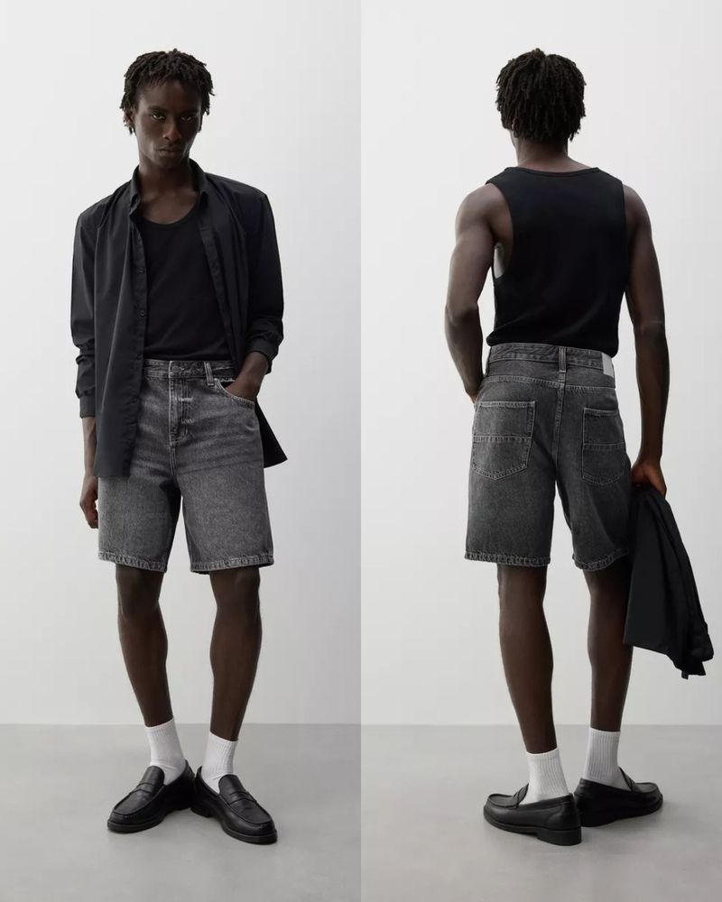 Dual image featuring a dark-skinned male model in a black shirt, denim shorts, and loafers, posing against a stark white background.