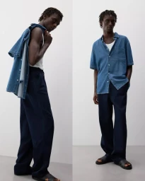 Godwin Dekou modeling a blue denim shirt and dark wide-leg trousers in a two-panel studio shot for Lefties S/S 25 collection.