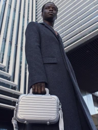 Man wearing a charcoal wool coat holding a silver aluminum mini bag against a modern architectural building backdrop.
