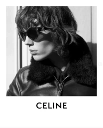 Model Alix Bouthors wearing dark sunglasses and a black leather jacket with fur collar in a black and white portrait for Celine Fall 2025.