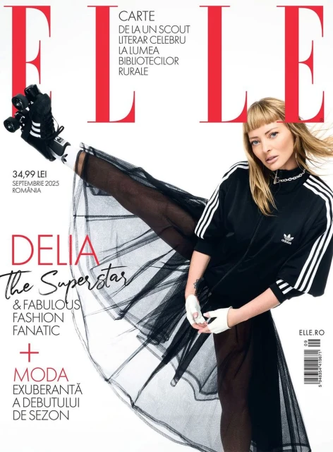 Elle magazine cover featuring a woman in a black Adidas track jacket and tulle skirt, roller skates, and fashion-related text. 