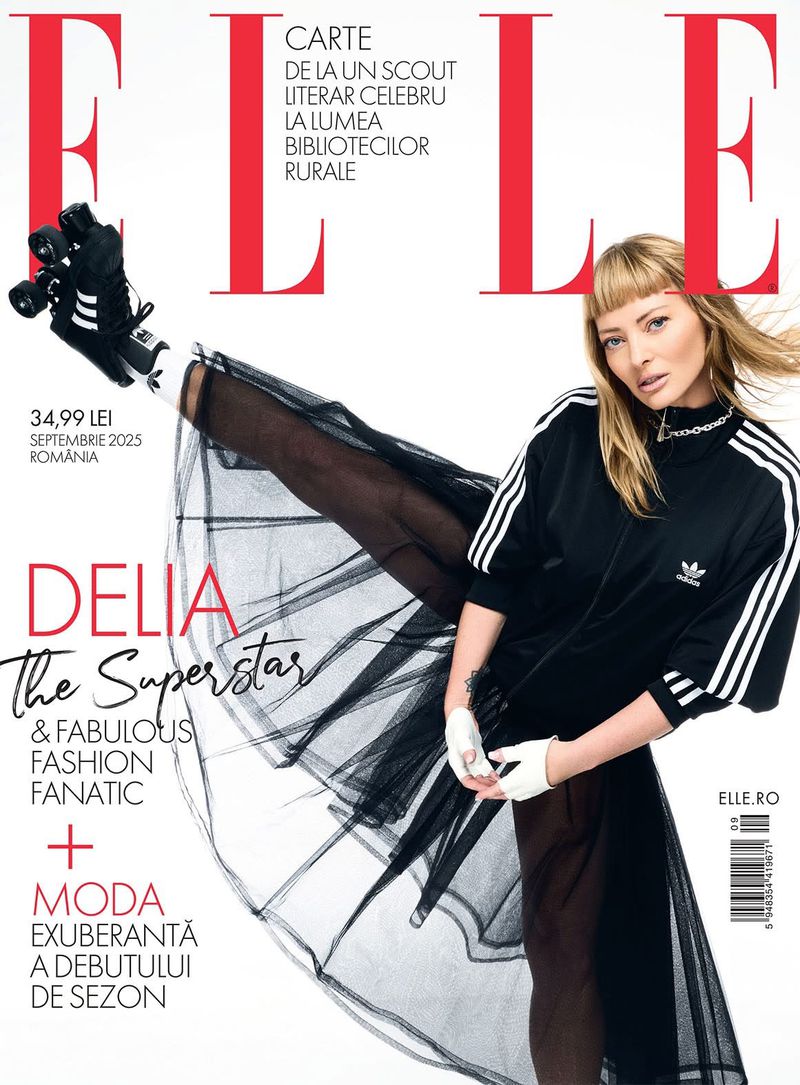 A woman in an Adidas top and a black sheer skirt with roller skates poses dynamically on an ELLE magazine cover.