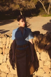 Model in blue short sleeve shirt and brown skirt standing against a low stone wall under pine trees.