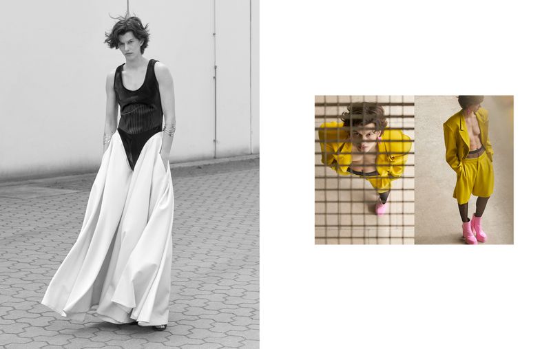 Artistic fashion layout featuring a person in a black bodysuit and white skirt, along with other perspectives in bright yellow outfits.