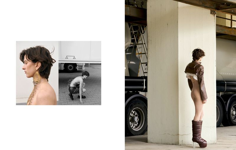 Fashion editorial shot featuring a woman in a brown jacket and platform boots beside a large truck and an inset image of a person squatting.