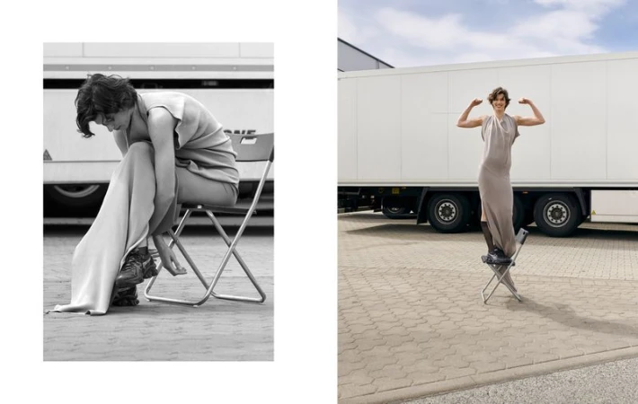 Fashion shot featuring a model in a dress, sitting and standing on a folding chair against a truck, in black and white and colour.